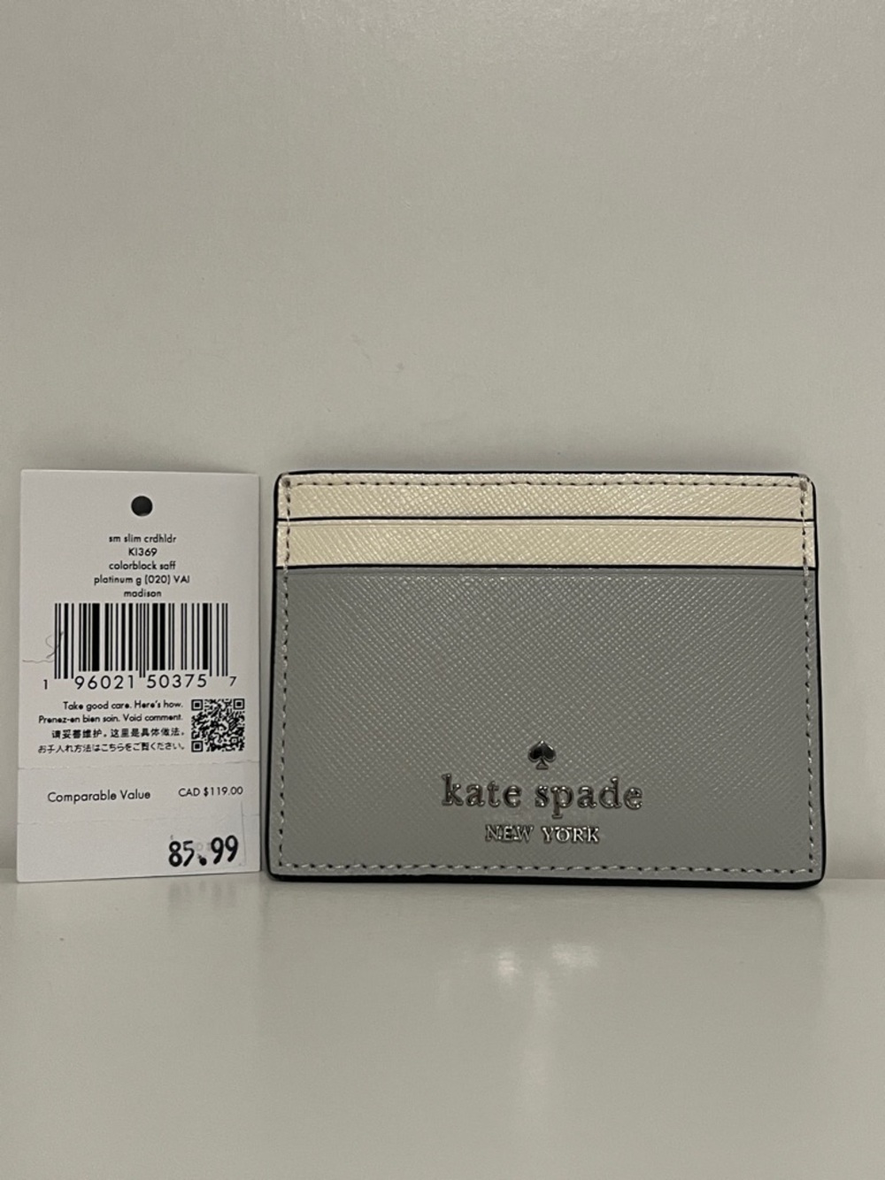 kate spade Gray and Cream Color-block Saffiano Leather Slim Card Holder